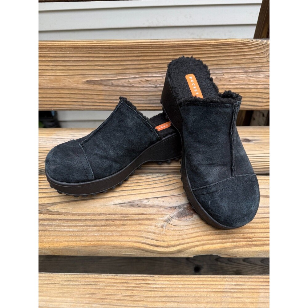 Rocket Dog Womens 9 Black Suede Faux Fur Sherpa Lined Chunky Platform Clogs